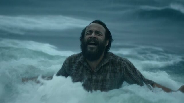 Man Struggling in Rough Sea During Stormy Weather, Captivating Water Survival Scene