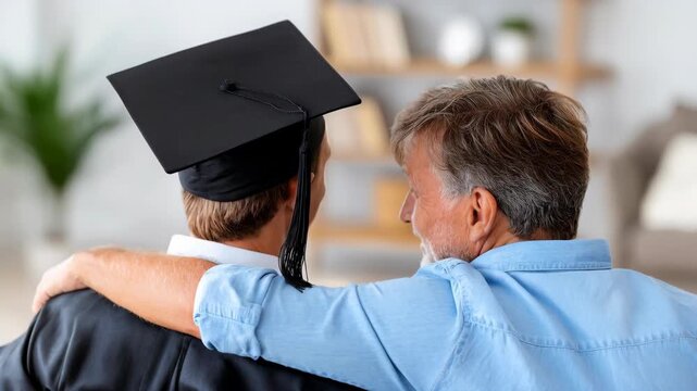 A proud parent embraces his graduate son from behind, celebrating a significant academic milestone and support.