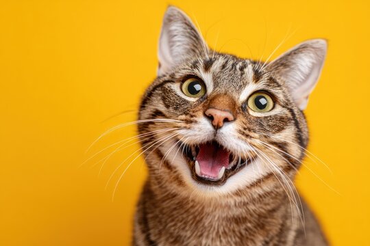 Silly Feline Portrait Showing Big Teeth on Color Background