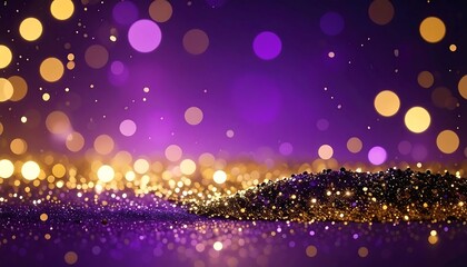 A dreamy, abstract scene features golden and purple bokeh lights with shimmering specks of light and color