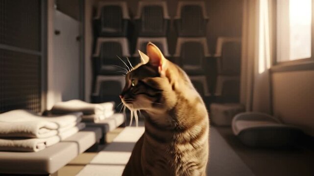 Sunlit tabby cat in cozy modern interior with folded towels.