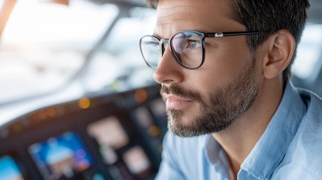 A focused male pilot wearing eyeglasses in an airplane cockpit, intently looking forward during flight.