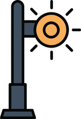A simple flat design illustration of a street lamp with a glowing orange light and radiating rays on a white background representing illumination and urban lighting