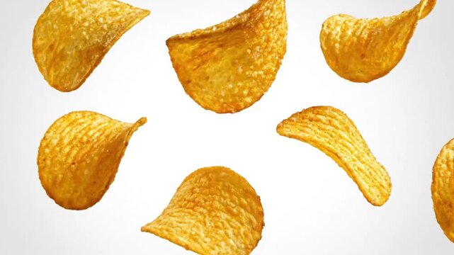 Crispy golden potato chips with visible salt flakes, falling or floating dynamically against a clean white background, isolated on white background animated 4k video