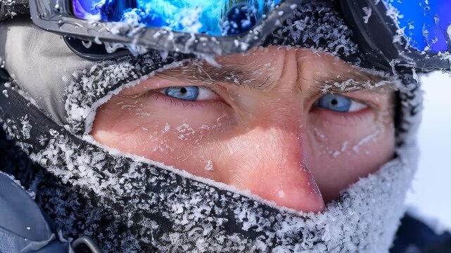 A person's face, partially covered by a frost-covered balaclava and goggles, revealing intense blue eyes in harsh winter conditions.