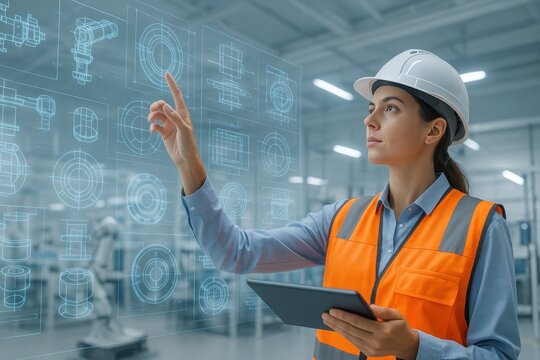 Precision and Vision: A female engineer meticulously examines technical schematics displayed as augmented reality, her focus unwavering.