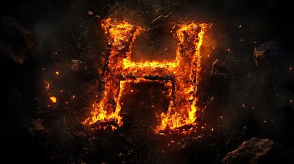 Dramatic letter h engulfed in vibrant orange and yellow flames, with sparks and smoke on a dark, textured surface
