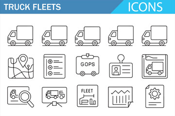 Thin-line trucking icons for freight services, route planning, and fleet monitoring