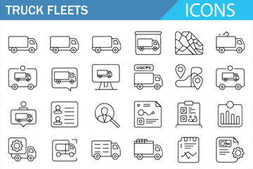 Modern line-style transportation icons featuring delivery trucks and fleet operations