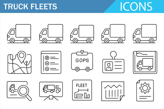 Thin-line trucking icons for freight services, route planning, and fleet monitoring