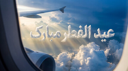 Obraz premium Eid al-Fitr Mubarak Cloud Calligraphy View from Airplane Window