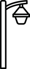 Simple black outline icon of a traditional street lamp post with a curved arm and a classic lantern style light fixture on a clean white background