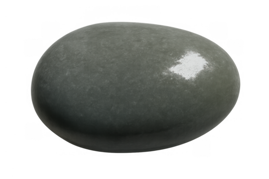 Smooth gray pebble stone with wet surface on transparent background, reflecting light and creating calm natural element