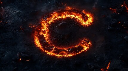 Fototapeta premium C letter made of molten lava and fire, glowing brightly on a dark, rough volcanic ground, creating a powerful fiery effect.