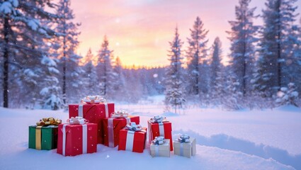 Christmas gifts piled in snowy forest at sunset presents