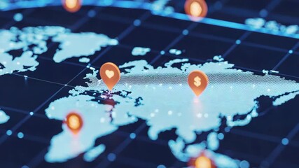 Global business connections shown with location pins on a digital world map animation - Powered by Adobe