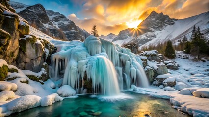 Frozen waterfall, snowy mountains, sunset