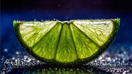 sudachi. A fresh slice of sudachi lime on a dark surface, glistening with dewdrops in sunlight. menu design, packaging mockups, designed for culinary blogs and recipe cards for restaurants.
