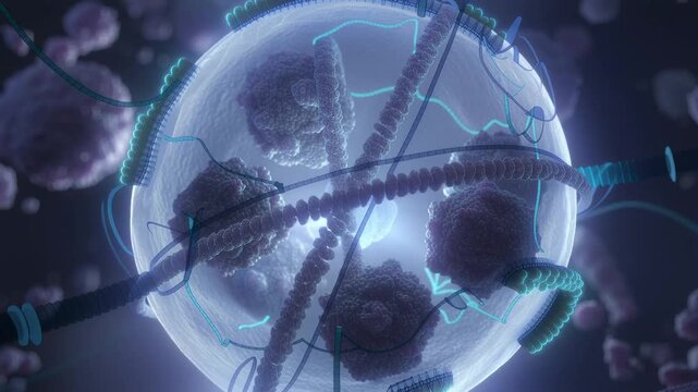 Chromatin loops weaving inside a glowing cell nucleus, TAD boundaries and enhancer ribbons arcing toward promoters, visualizing 3D genome architecture and gene regulation dynamics, cinematic 3D render
