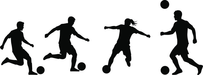 Soccer silhouettes, dynamic poses, athletic motion, kicking ball, dribbling action, sports icon, black figures, teamwork, running players, game energy