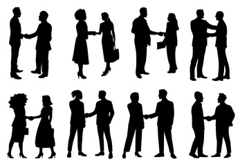 Black silhouette set of business people in meetings and conversations, including handshake scenes. Minimalist vector design on a white background with clean, sharp edges.