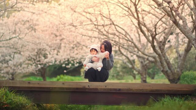 Happy asian toddler baby girl in cute bear outfit playing with mother on wooden bridge surrounded by sakura trees cherry blossoms with sunlight in springtime japan, Family Love Concept