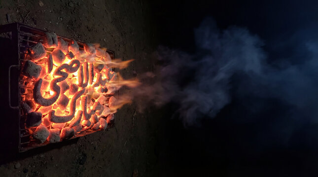 Eid al-Adha Mubarak Fiery Calligraphy on Glowing Charcoal Grill Night