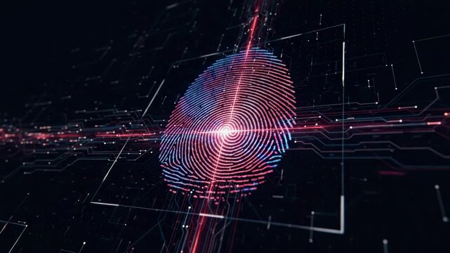 Futuristic digital animation showing a biometric fingerprint being scanned by a red laser, symbolizing advanced technology for forensic science, criminal investigation, and cybersecurity access