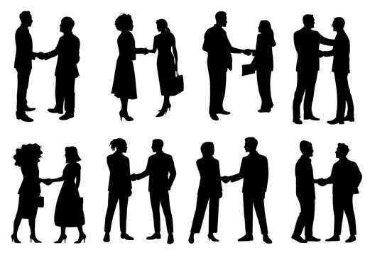 Black silhouette set of business people in meetings and conversations, including handshake scenes. Minimalist vector design on a white background with clean, sharp edges.