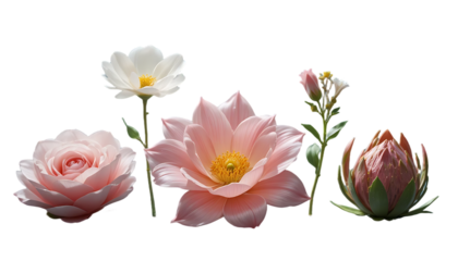 Delicate pastel pink and white flowers with a metallic orb arranged on a reflective surface against a soft blue background