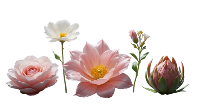 Delicate pastel pink and white flowers with a metallic orb arranged on a reflective surface against a soft blue background