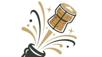 Champagne Cork Pop Illustration, Transparent PNG, Celebration Icon for New Year, Wedding & Party Graphics.