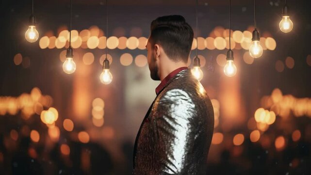 Handsome charismatic man in a shiny silver sequin jacket smiling and dancing under retro lights during a celebration, creating a festive and glamorous atmosphere for a disco party or show