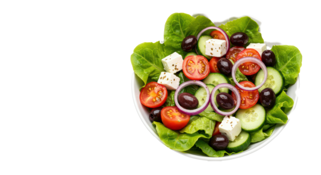 Overflowing Mediterranean salad with crisp lettuce, cherry tomatoes, cucumber, onion, olives, feta in a white bowl on a transparent background, ample copy space, concept of healthy, vibrant - Powered by Adobe