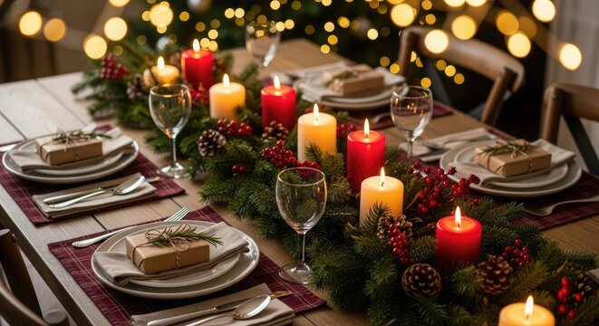 Christmas table setting with pine garland and red yellow candles