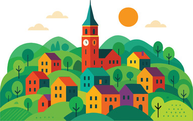 Colorful countryside village illustration, geometric flat vector houses and clock tower among green hills, bright landscape with trees and sun
