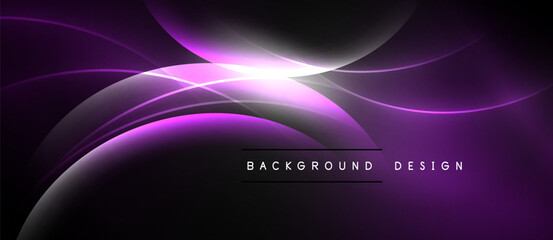 Abstract purple waves, bright light source. Modern design, dark background creates dramatic effect. Simple text reads background design.