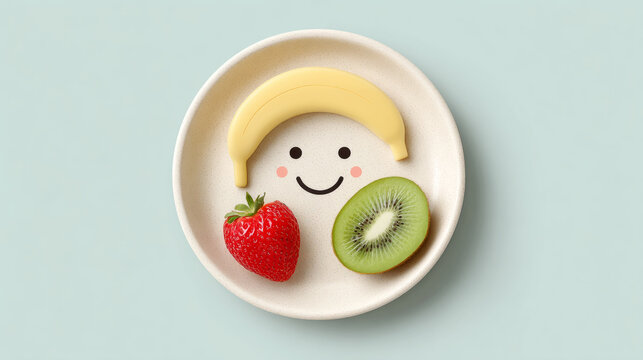 Creative fruit face design on plate with strawberry and kiwi for healthy eating inspiration - Powered by Adobe
