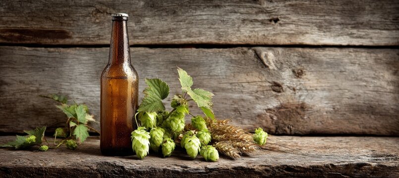 Rustic Beer Bottle with Hops and Barley on Wooden Background - Powered by Adobe