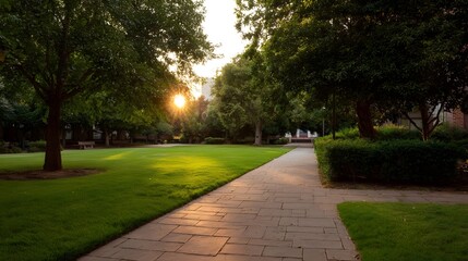 A sunlit stone pathway winds through a park with lush green grass and trees during golden hour