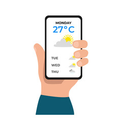 Hand holding smartphone weather phone application icon illustration design vector