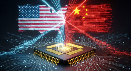 Advanced processor chip illuminated by digital flags of the US and China in conflict: denoting the intense technological war and geopolitical dispute over semiconductors