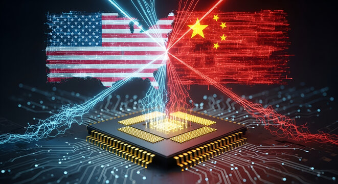 Advanced processor chip illuminated by digital flags of the US and China in conflict: denoting the intense technological war and geopolitical dispute over semiconductors