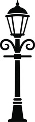 Classic black silhouette of an ornate vintage street lamp with decorative scrollwork on a clean white background representing historical illumination and timeless design
