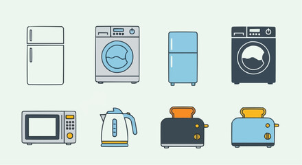 A collection of modern household appliance vector icons, featuring minimalist designs for everyday kitchen and laundry essentials in a clean, contemporary style