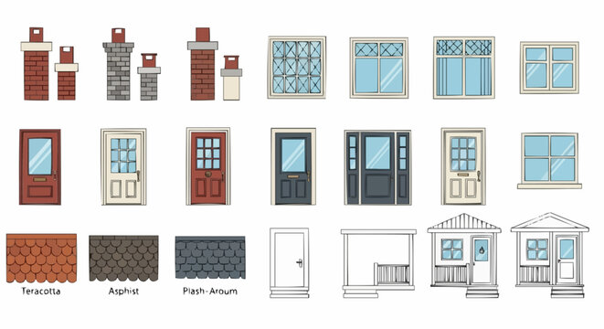 Architectural construction kit with isolated vector elements. A set of house exterior parts like doors, windows, and roof tiles