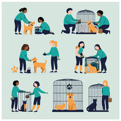 Volunteering and humanitarian aid solid-color illustrations — disaster relief, blood donation, food distribution, medical help, and teamwork concepts