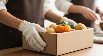 Close-up of volunteers in aprons and gloves packing a cardboard box with fresh organic vegetables like potatoes and tomatoes for a food donation or delivery service