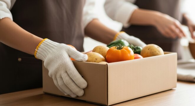 Close-up of volunteers in aprons and gloves packing a cardboard box with fresh organic vegetables like potatoes and tomatoes for a food donation or delivery service