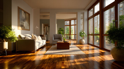 Fototapeta premium Minimal living room with clean lines and warm sunlight on wooden floor 